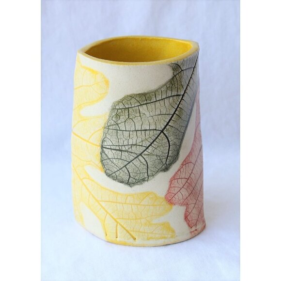 Handmade Ceramic Multicolor Pencil Holder Organic Shape leaf texture Vase unique - Picture 3 of 10